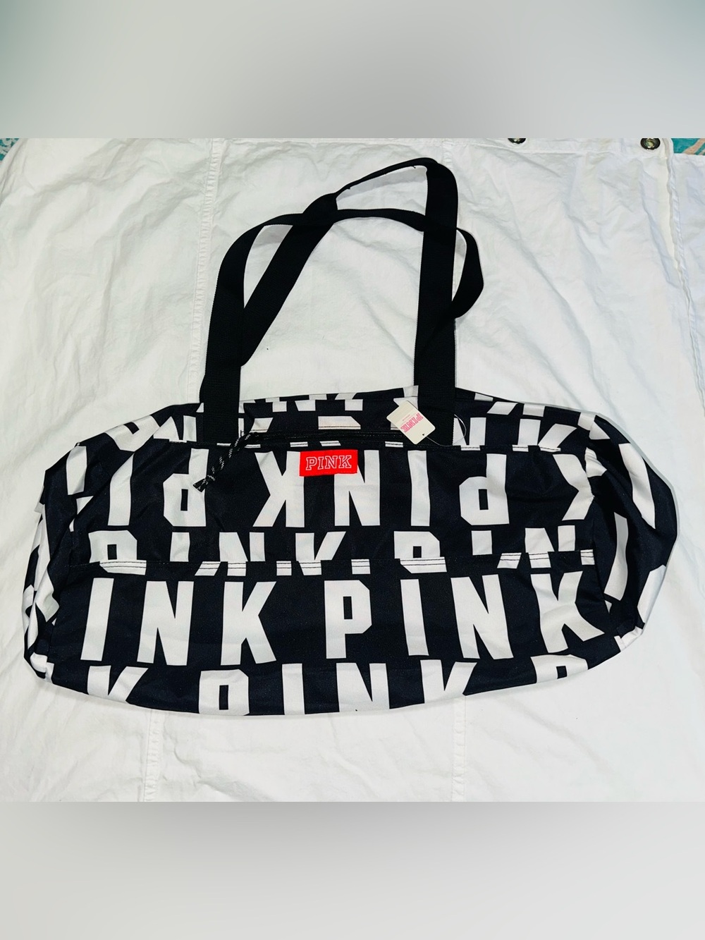 PINK Victoria's Secret Black & White Repeat Logo Duffel